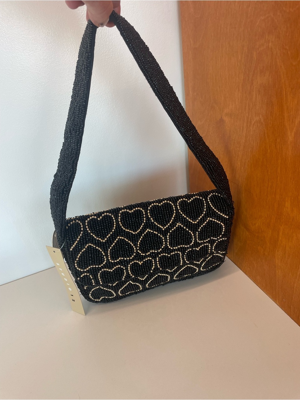 Studio 12 black and gold heart-patterned beaded shoulder bag